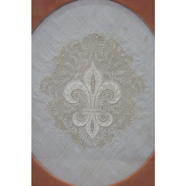 Antique French Framed White Linen & Lace Fleur De Lis Embroidered Textile For Sale - Image 6 of 11