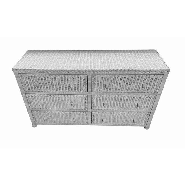 Vintage white wicker, six drawer bureau, dresser, white, solid, wood and wicker 31x16x53”
