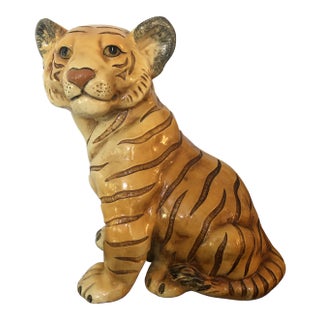 Vintage Marwal Chalkware 14” Bengal Tiger Cub Sculpture – Hand-Painted Mid-Century Hollywood Regency Safari Decor For Sale