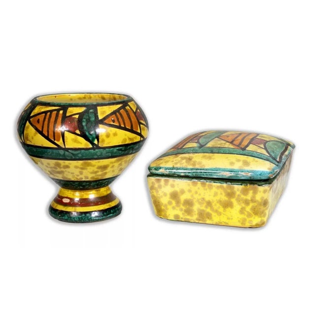 Late 20th Century Bitossi Ceramic Trinket Box and Vase with Abstract Fish Pattern Made in Italy - Set of 2 For Sale - Image 5 of 12