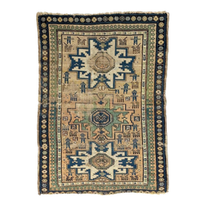 Cashew-Nude & Kiwi Antique Caucasian Lesghi Star GEM Collector's Art Piece Rug 3.5 x 5