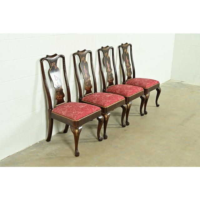 Henredon Henredon Chinoiserie Queen Anne Hand Painted Oak and Burl Wood Dining Chairs, Set of Four For Sale - Image 4 of 13