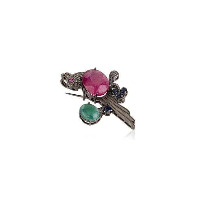 Luxury Ruby Emerald Sapphire Diamond Parrot Motif Silver Brooch Pendant For Sale - Image 11 of 14