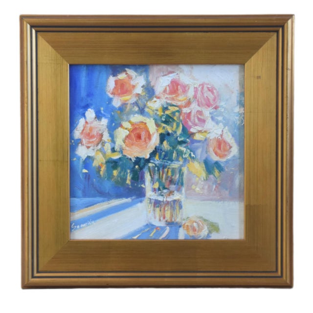 2020s Bouquet of Pastel Roses Vase Floral Painting Including the Antiqued Gold Wood Frame For Sale - Image 5 of 5