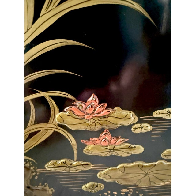 Paint Vintage Black Lacquer Chinoiserie Cabinet With Hand-Painted Birds & Raised Relief Details For Sale - Image 7 of 10
