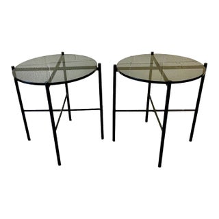 Round Smoked Black Glass Accent Tables, Modern Metal End Tables, Mid Century Modern Nightstands, Sleek Modern Chic Decor For Sale