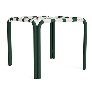 Brown Jordan Kantan Aluminum Stacking Stool/Occasional Table in Forest Green with White Suncloth Strapping For Sale