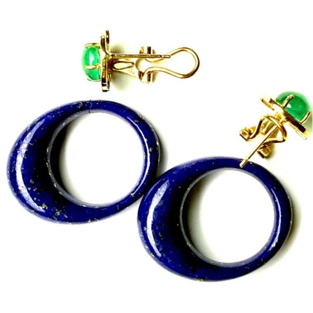 14k Yellow Gold Emerald, Diamond & Lapis Door Knocker Clip-on Earrings, Pair For Sale - Image 4 of 9