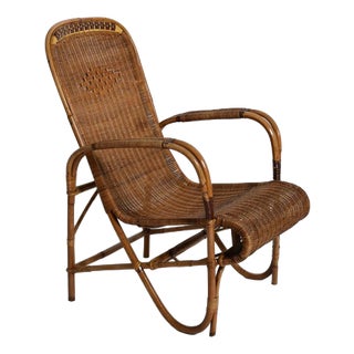 Rattan and Wicker High Back Armchair, 1950s For Sale