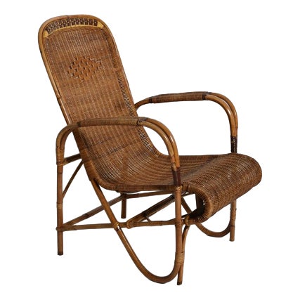 Rattan and Wicker High Back Armchair, 1950s For Sale