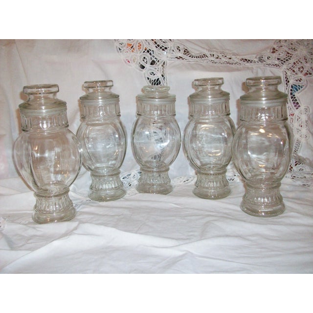 French Country Antique Clear Square Apothecary Jars With Lids- Set of 5 For Sale - Image 3 of 5