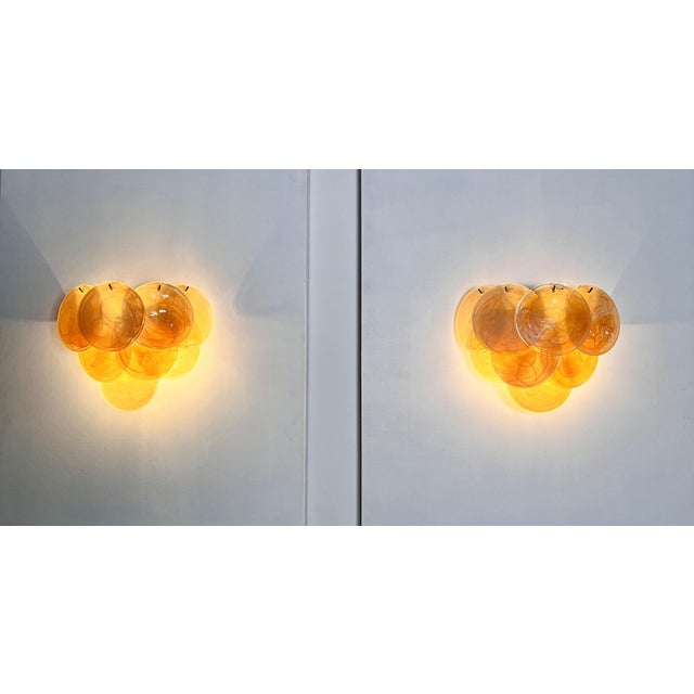 Glass Iridescent Alabaster Gold Disc Glass Wall Sconces, 1990s, Set of 2 For Sale - Image 7 of 18