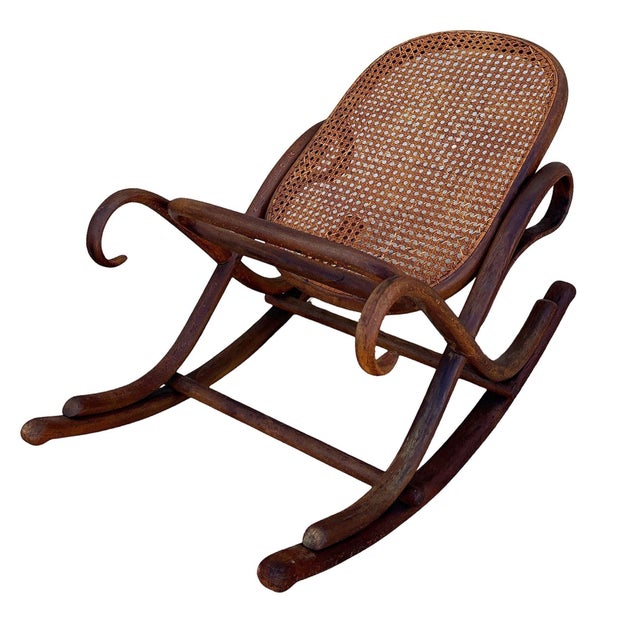 Victorian Thonet No.7001 rocking chair foot stool featuring an elegant, sculptural frame crafted from warm-toned bentwood...