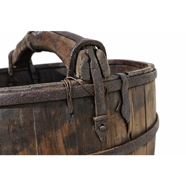 Giant Wooden Well Bucket With Iron Bands 19th Century Chinese Rustic 20lb Firewood Holder For Sale - Image 14 of 18