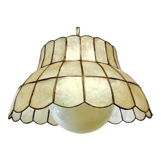 1970s Vintage Coastal Boho Chic Capiz Shell Shade Pendant Lighting For Sale