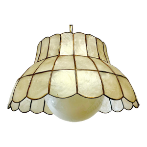 1970s Vintage Coastal Boho Chic Capiz Shell Shade Pendant Lighting.