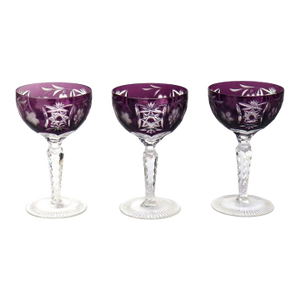 3 Antique Bohemian Cranberry Floral & Grape Cut to Clear Crystal Goblets C1900