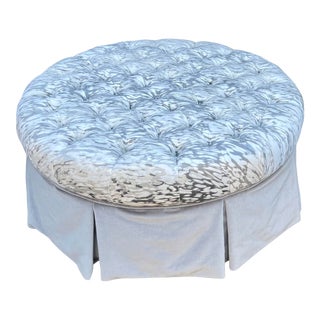 Holly Hunt Great Plains Hand Printed Velvet Round Tufted Ottoman Footstool - Reflecting Pool For Sale