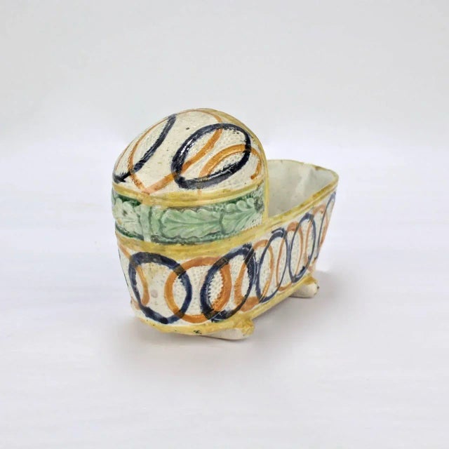Antique English Figural Staffordshire or Prattware Pottery Cradle For Sale - Image 4 of 11