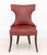 Pair of Contemporary Red Upholstered Lounge Chairs with riveted design on four mahogany legs. 37.5" H x 22" W x 24.5" D;...