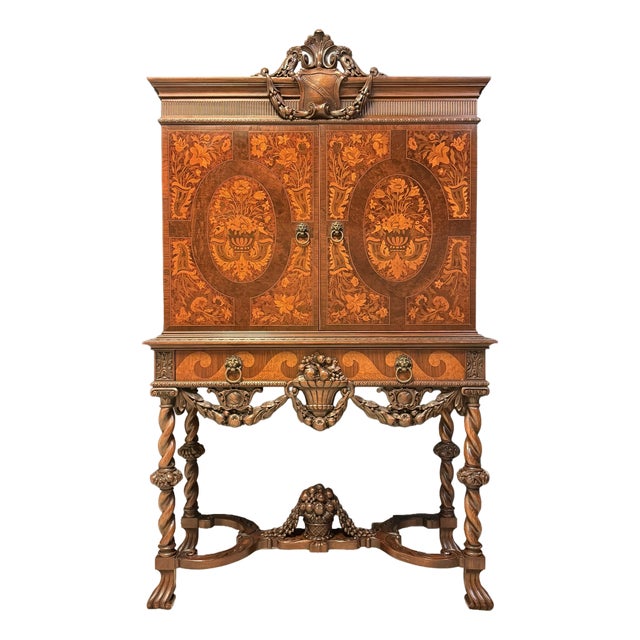 Early 20th Century Empire Mfg. Co. Victorian Revival Marquetry Cabinet With Barley Twist Legs For Sale