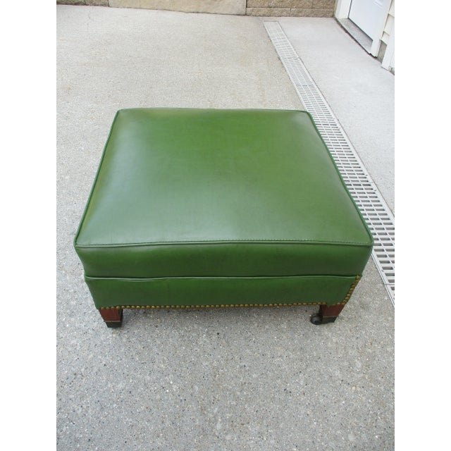 Mid-Century Modern 50s Square Olive Green Vinyl Footstool Brass Tacks and Casters For Sale - Image 3 of 11