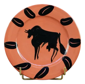 Painted Ceramic Plate in Red Earthenware with Bull, Rim and Leaves by Pablo Picasso for Madoura, 1957
