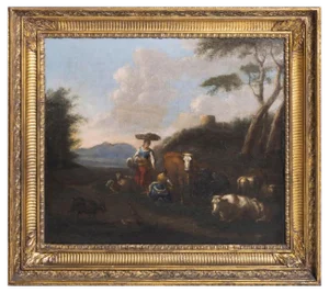 British School Artist, Landscape with Figures and Animals, 19th Century, Oil on Canvas, Framed