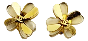 Chanel Vintage Gold Plated CC Resin Clover Clip on Earrings, A Pair