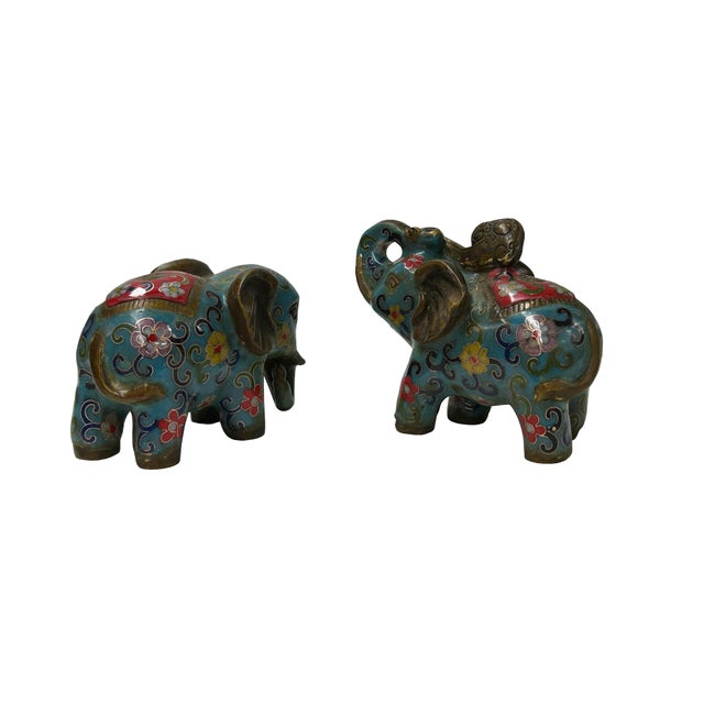 Pair Turquoise Teal Enamel Fortune Fengshui Elephant Metal Figures For Sale In San Francisco - Image 6 of 9