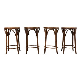 Set of Four Thonet Style Bentwood Cane Seat Barstools For Sale