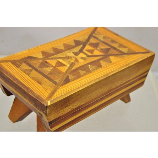 Vintage Folk Art Marquetry Inlay Small Wooden Primitive Footstool Ottoman Stool For Sale In Philadelphia - Image 6 of 11