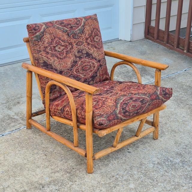 1960s Ficks Reed Style Pagoda Rattan Bamboo Lounge Chair Tapestry Covered Cushions For Sale - Image 12 of 12