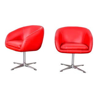 Late 20th Century Shelby Williams Mid-Century Modern Swivel Bucket Chairs New Red Vinyl Faux Leather & Chrome X Base For Sale