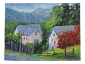 Roses on Barn, Modern Impressionist Oil Painting