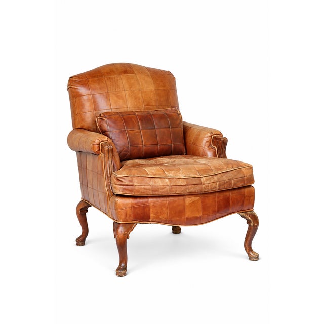 A 70's Vibe Vintage French Style Leather Pathwork Chair w/ Leather pillow. A Very comfortable Club Style Chair.
