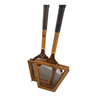 Mid-Century Vintage t.a. Davis "Hi-Point" Wooden Tennis Rackets in Braces - Pair For Sale
