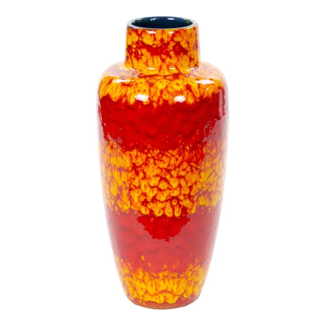 Mid-Century West German Glazed Porcelain Vase, Yellow & Red, 12\" Tall For Sale