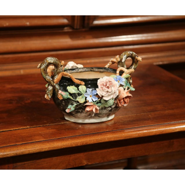 Ceramic 19th Century French Painted Ceramic Barbotine Jardinière With Floral Decor For Sale - Image 7 of 10