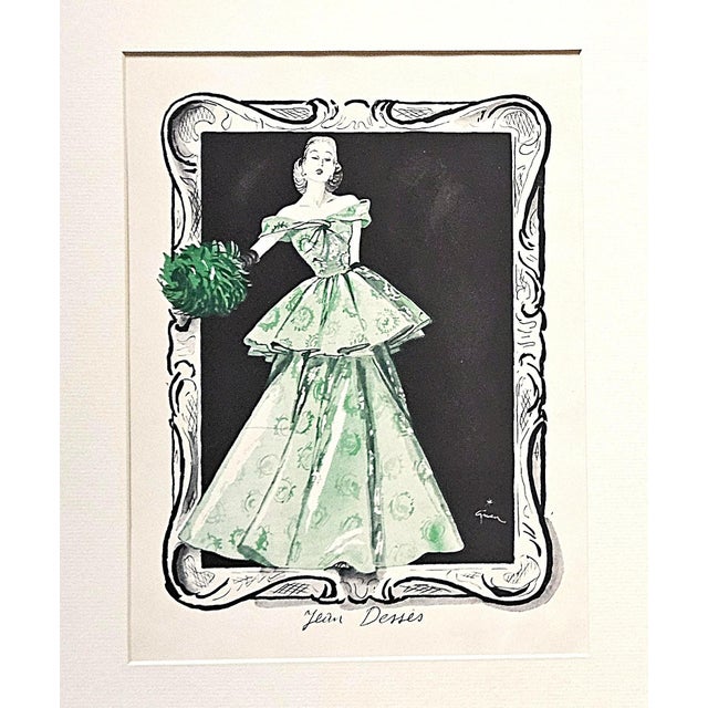 This is a pair of 1945 Mid-Century French couture fashion prints featuring evening dresses. They are designs for an...
