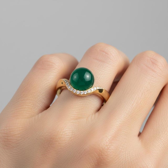 Metal Wave Design Green Onyx and Topaz Ring in Silver, Gold, Size 6 For Sale - Image 7 of 9