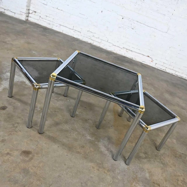 Mid 20th Century MCM to Modern Tubular Chrome Brass & Smoke Glass Trio of Cocktail Table & End Tables For Sale - Image 5 of 13