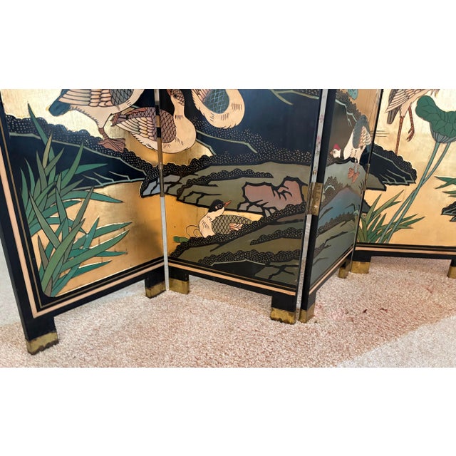 1960s Asian Style Black Lacquered/Giltwood 4-Panel Bird Screen For Sale - Image 5 of 5