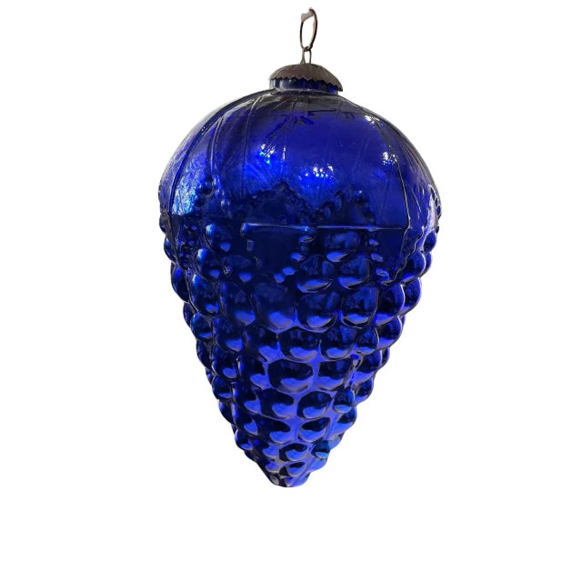 Large Vintage Cobalt Blue Glass Kugel Style Ornament With Brass Cap For Sale - Image 12 of 12