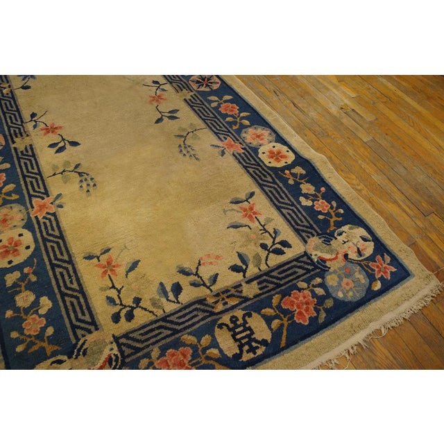 Beige 1920s Beige Floral Shou Antique Chinese Rug 4' 2'' X12' 0'' Knotted Wool Carpet For Sale - Image 8 of 10