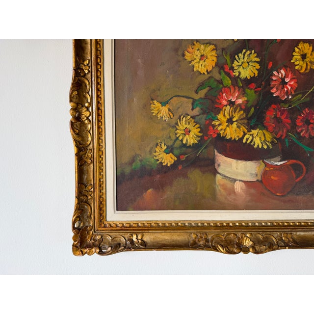 Brown 1960s Vintage Tian Impressionist Floral Still Life Oil on Canvas Painting – Ornate Gold Wood Frame For Sale - Image 8 of 12