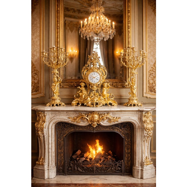 A magnificent antique French Louis XV style clock and candelabra set, dating to the 1840s–1860s. This impressive 3-piece...