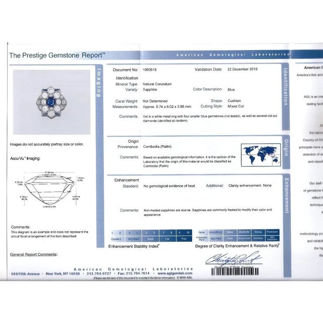 Royal Blue Vintage Art Deco Agl Cert. No Heat Blue Sapphire & Old Cut Diamond Platinum Ring Size 8 For Sale - Image 8 of 8