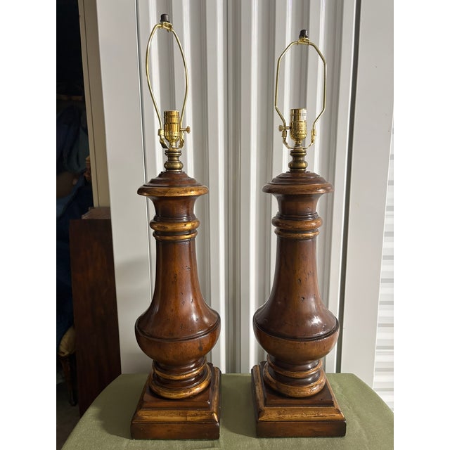 Pair of Wood and Gold Painted Lamps, 20th Century. Wired