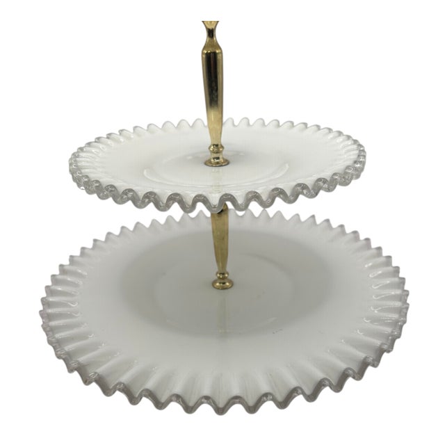 1970s Vintage Fenton Milk Glass Tidbit Server With Silver Crest Rim and Metal Handle For Sale - Image 5 of 12